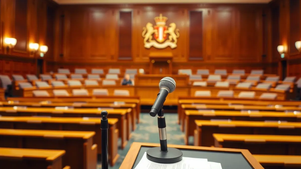 Imatge genèrica d'un micròfon en un faristol en una sala de plens municipal.