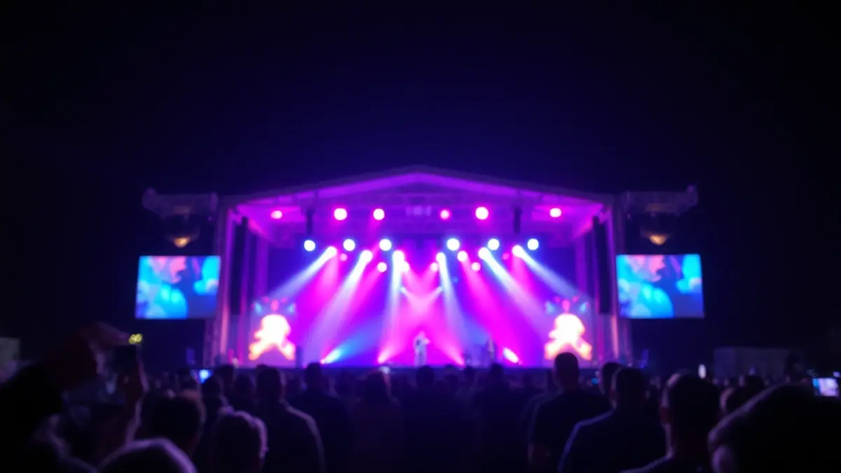 Imatge genèrica d'un escenari de concerts a l'aire lliure de nit, amb llums borroses i una multitud en primer pla.