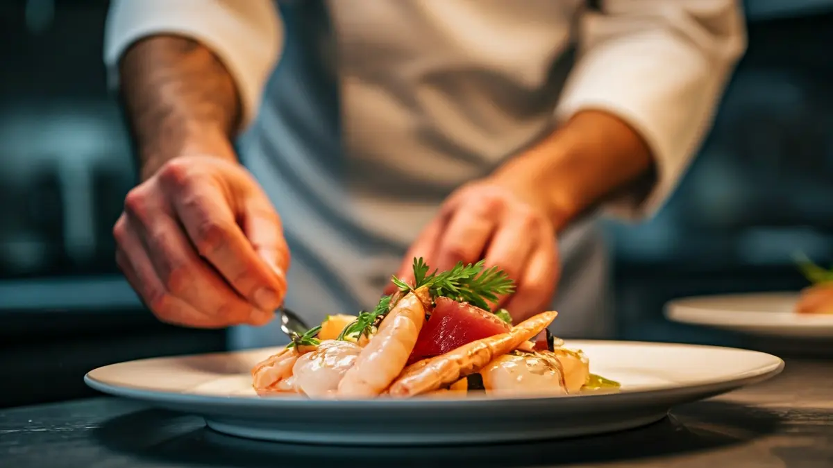 Imatge d'un xef preparant un plat amb cura en una cuina professional.