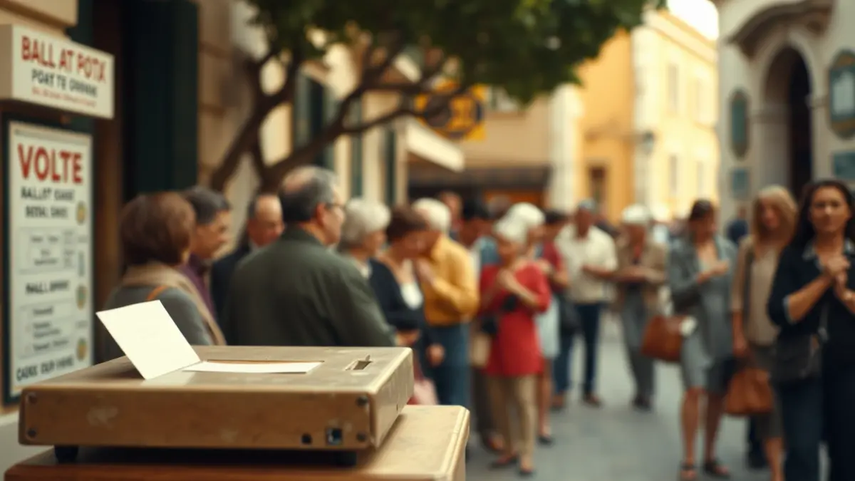 Generic image of a vintage ballot box with people voting in the background.