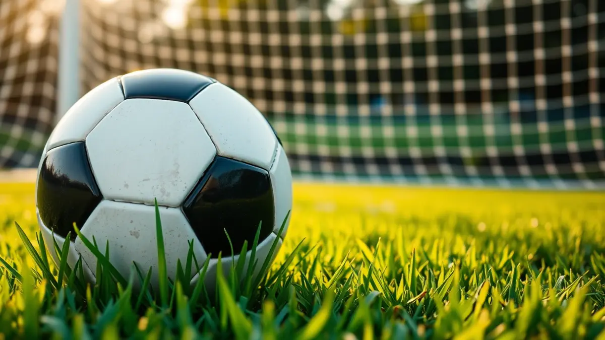 Generic image of a soccer ball on grass, with a blurred goal net in the background.