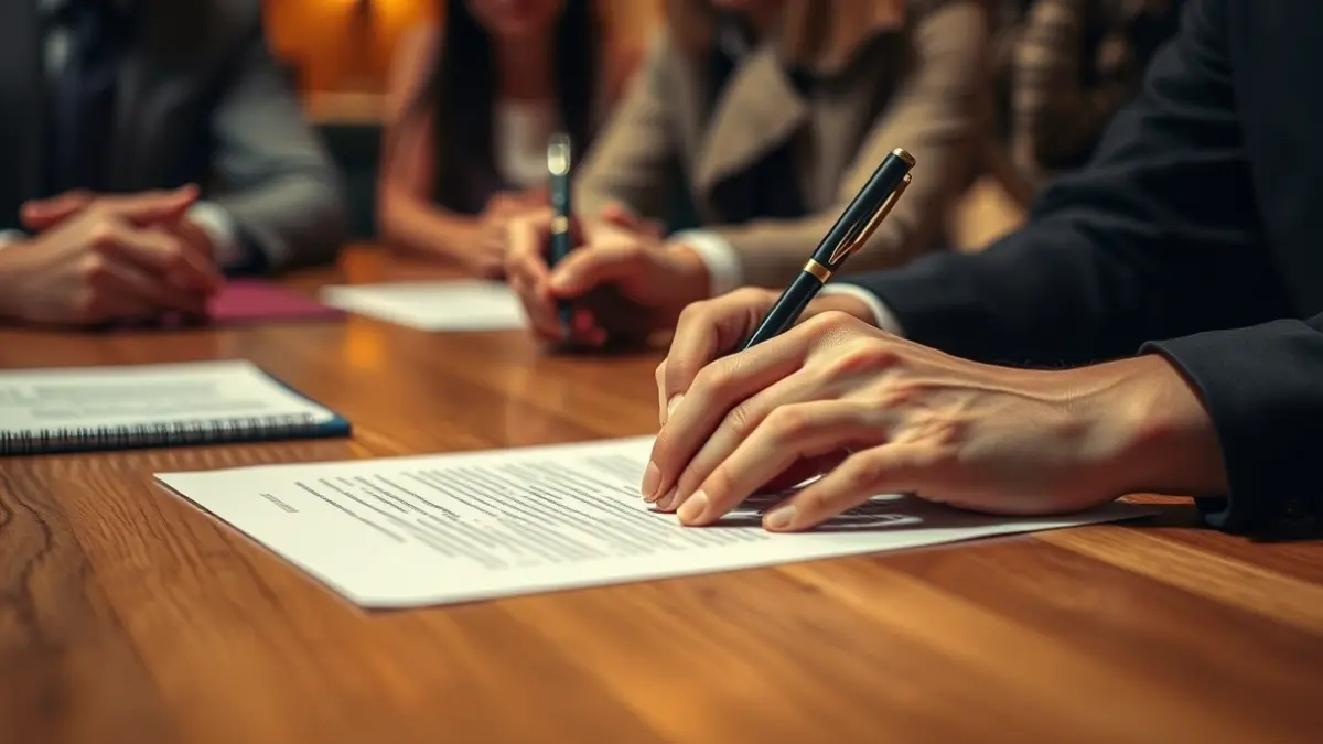 Imagen genérica de manos firmando un acuerdo, con figuras borrosas al fondo.