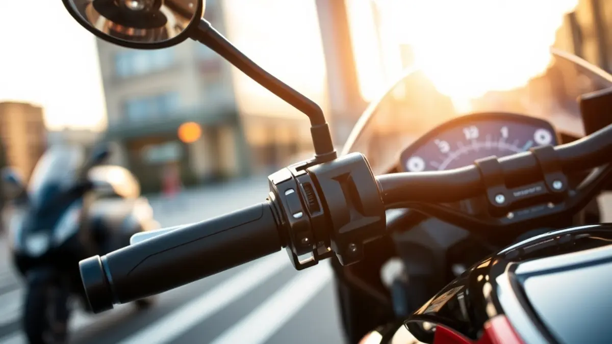 Generic image of a motorcycle handlebar with a blurred urban background.