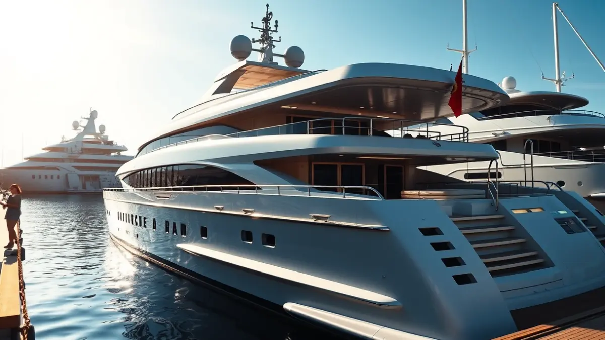 Image of a luxury superyacht docked in Tarragona port.