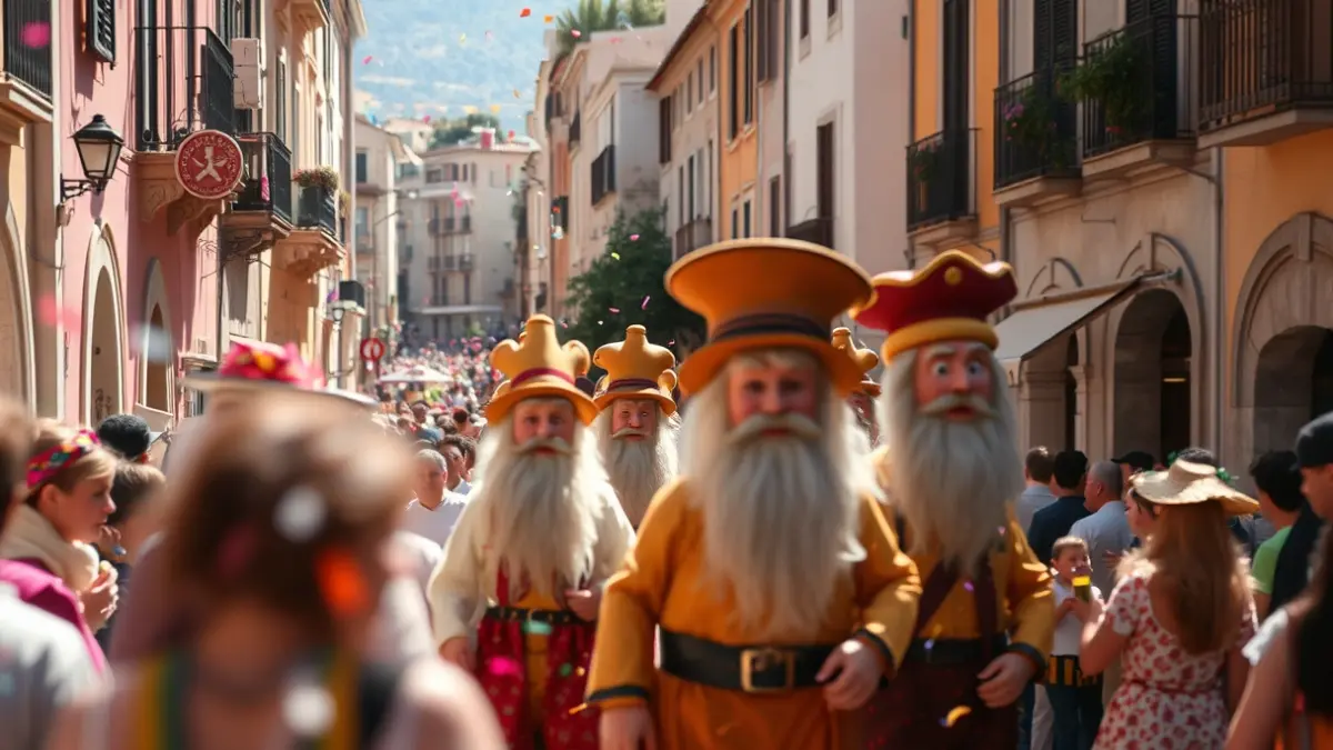 Imagen de un séquito popular con gigantes y cabezudos desfilando por una calle llena de gente.