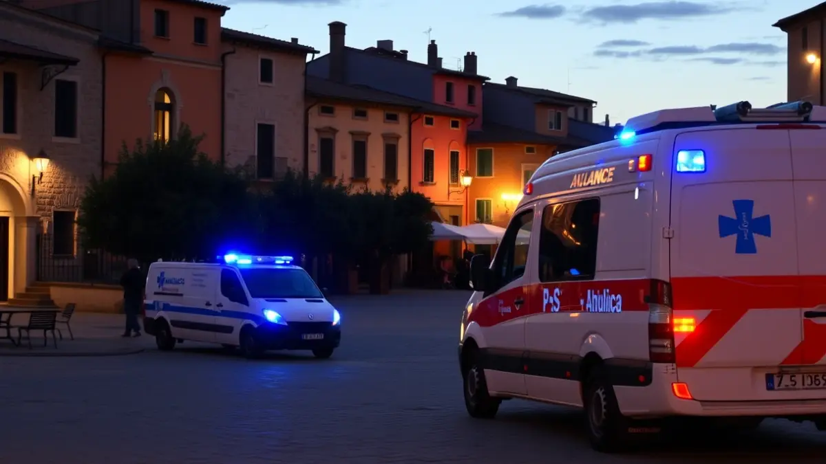 Image of an ambulance in an urban setting at dusk, symbolizing emergency services.