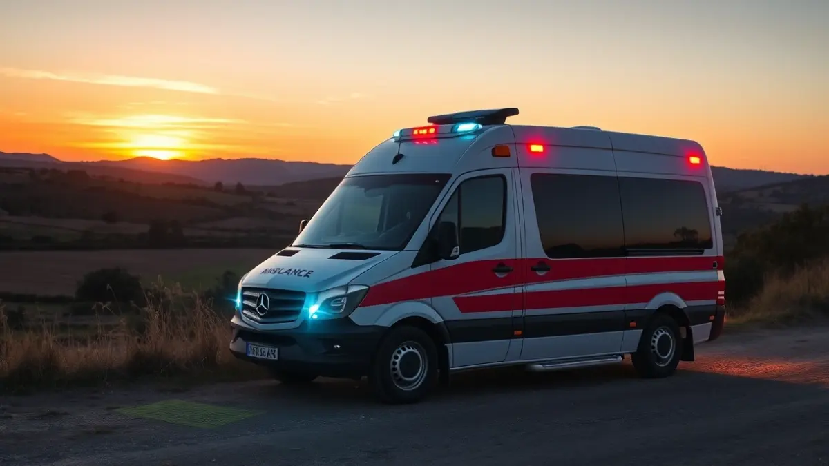 Generic image of an ambulance in a rural setting at sunset.