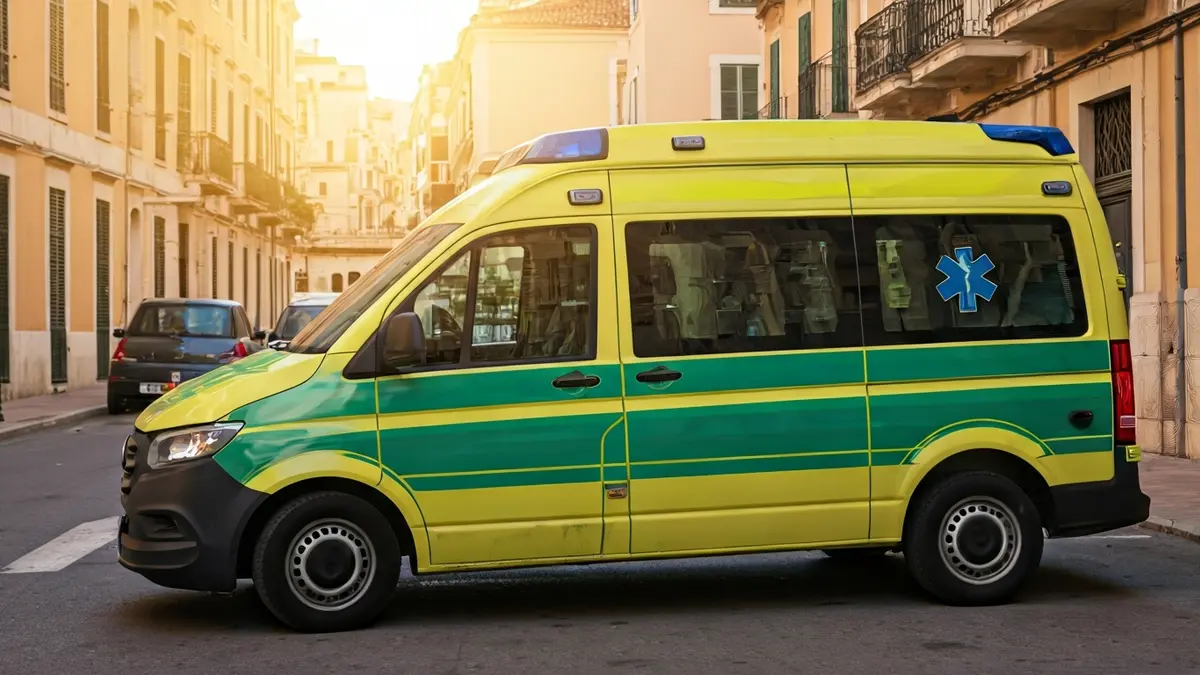 Imagen genérica de una ambulancia moderna con franjas verdes reflectantes.