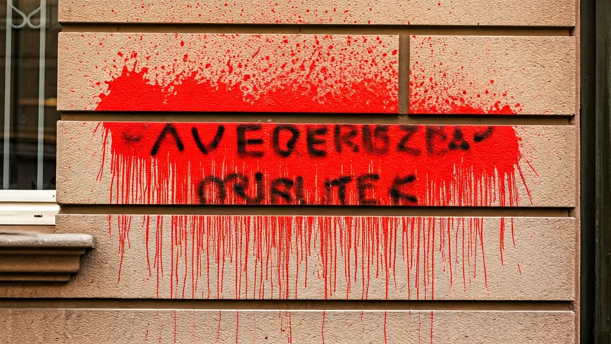 Pintura vermella i un lema polític en una façana d'edifici