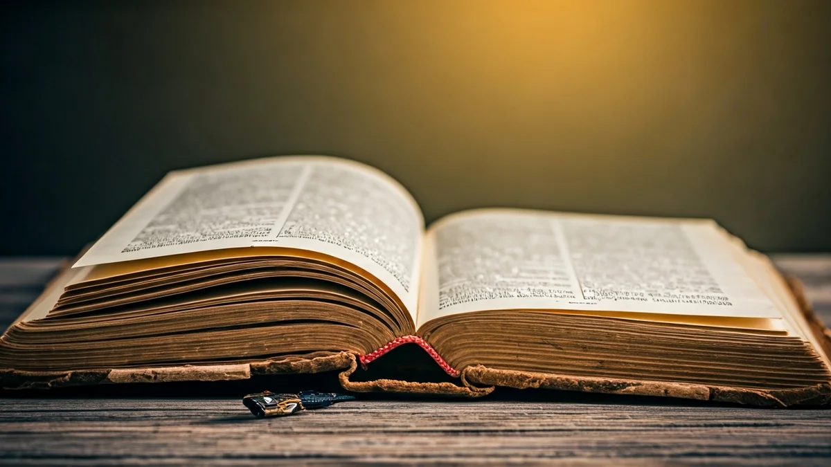 Imatge genèrica d'un diccionari antic obert sobre una taula de fusta.