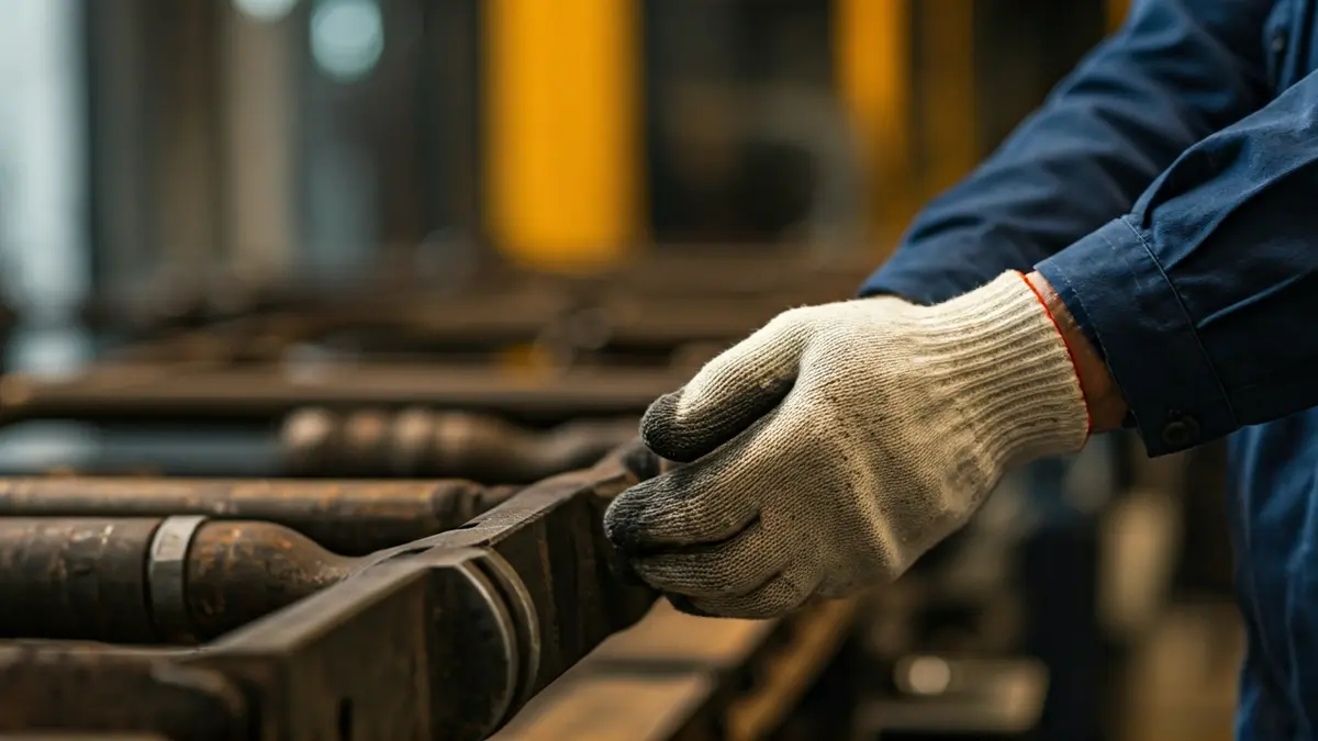 Worker's hands handling old parts in a workshop, with an industrial atmosphere.