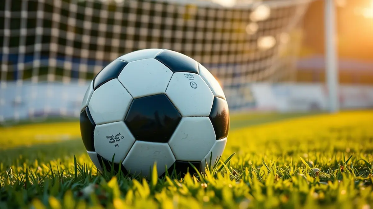 Generic image of a soccer ball on grass with a goal in the background.