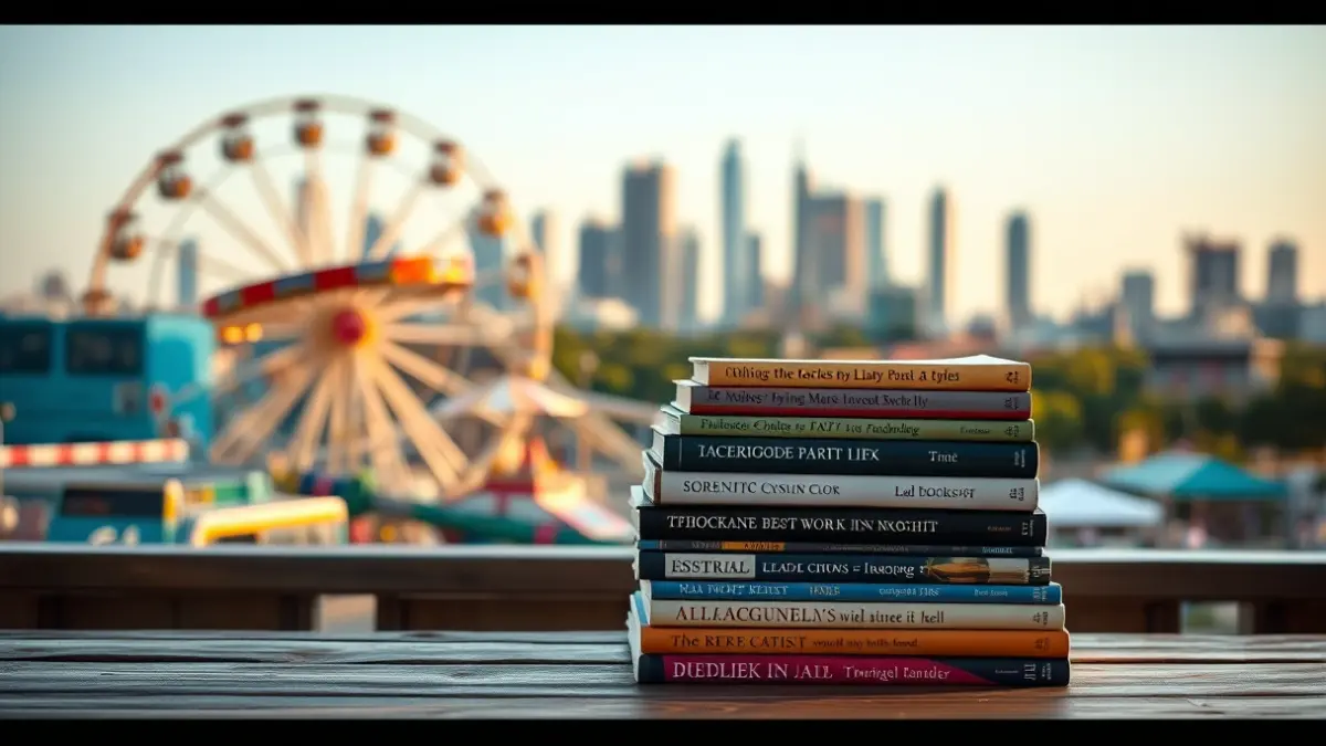 Libros apilados en un entorno de ocio con vistas a la ciudad.