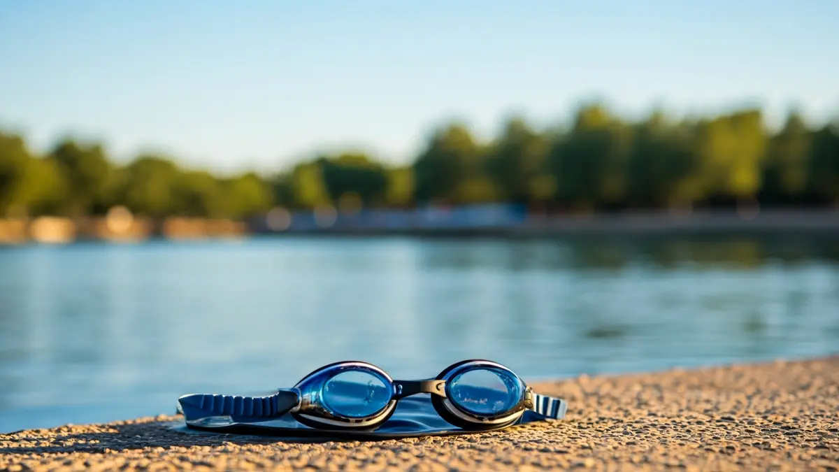 Imagen genérica de unas gafas y gorro de natación en la orilla de un río, con el Delta del Ebro de fondo.