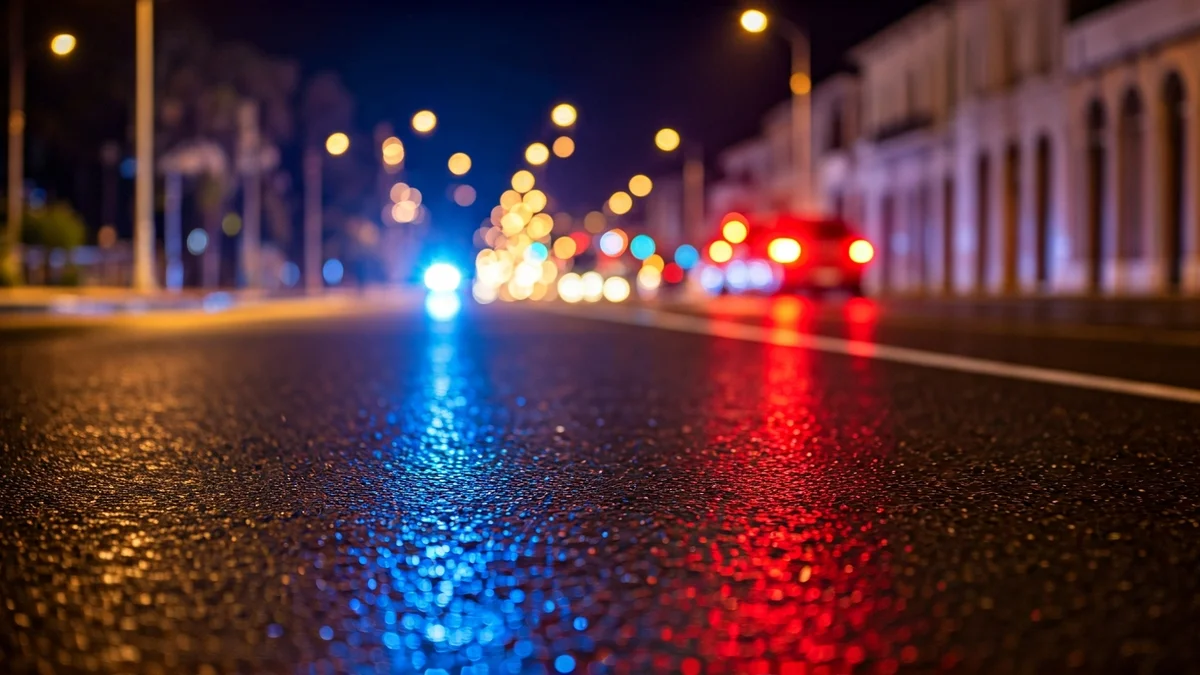 Imagen genérica de luces de emergencia reflejándose sobre el asfalto mojado en una localidad costera mediterránea.