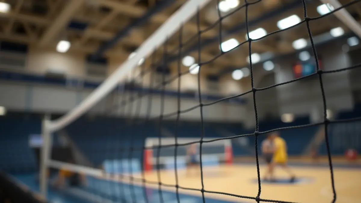 Imatge genèrica d'una xarxa de voleibol amb la pista borrosa al fons.