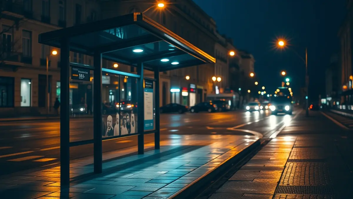 Generic image of a night bus stop in a Mediterranean city.