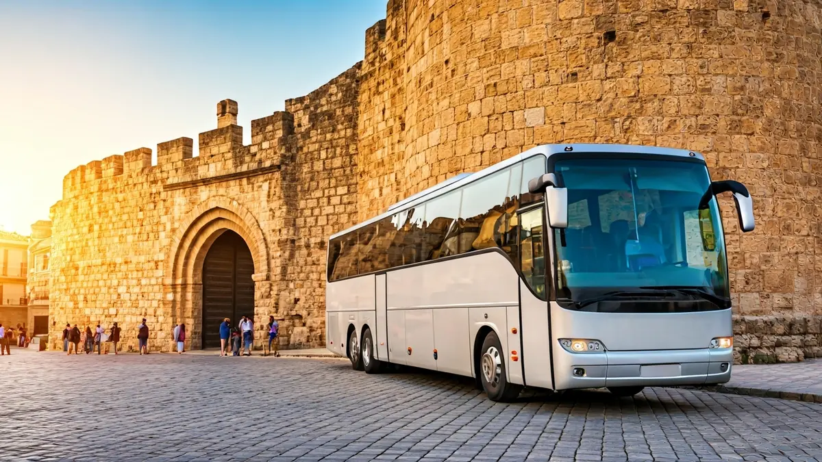Tourist bus parked near a historic entrance in Tarragona's Old Town.