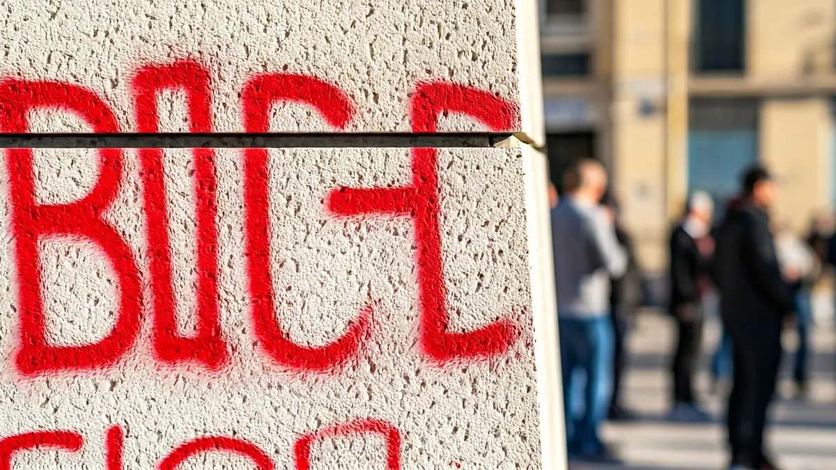Grafitis rojos sobre un monumento de piedra cerca del estadio del Espanyol
