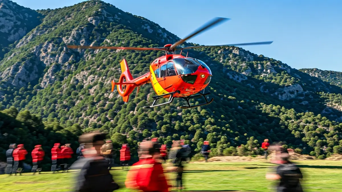 Imatge genèrica d'un helicòpter de rescat operant en un entorn muntanyós.