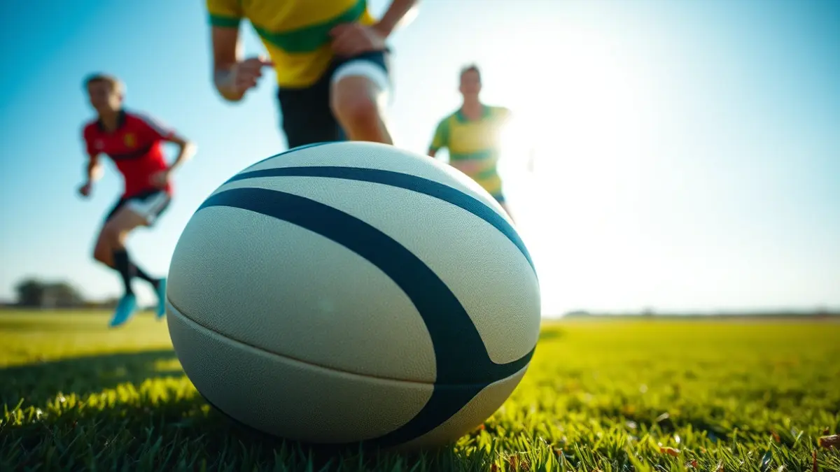 Imagen genérica de un balón de rugby sobre el césped de un campo.
