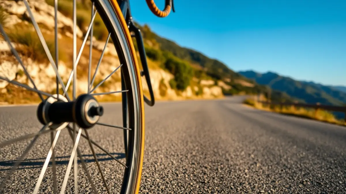 Imagen genérica de una rueda de bicicleta de carretera en una subida de montaña.