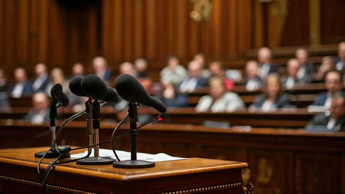 Imatge genèrica d'un faristol amb micròfons en un entorn parlamentari, simbolitzant el debat polític.