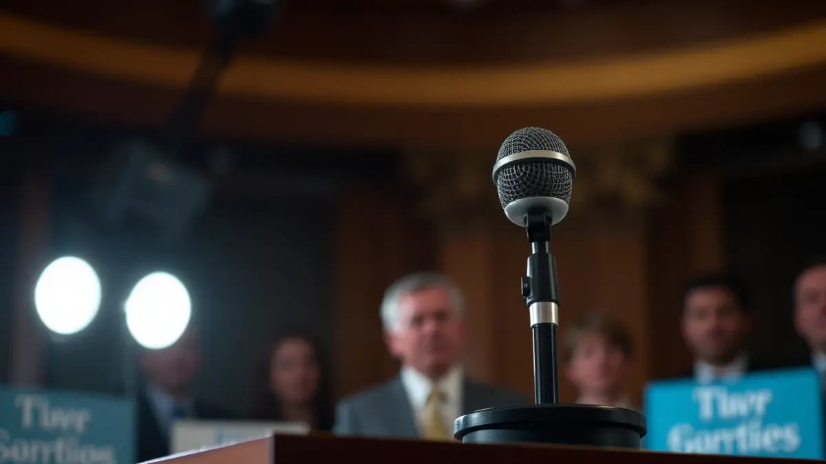 Generic image of a microphone on a podium during a political press conference.