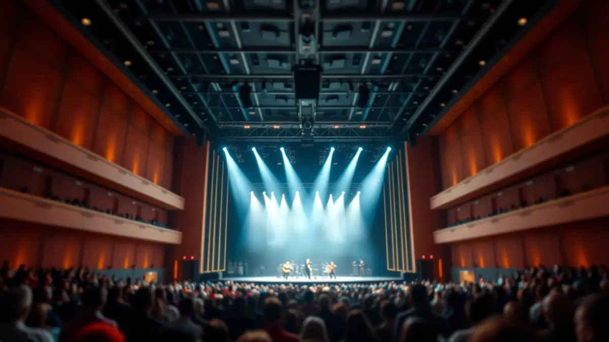 Imagen genérica de un concierto en un gran recinto, con luces y público difuminado.