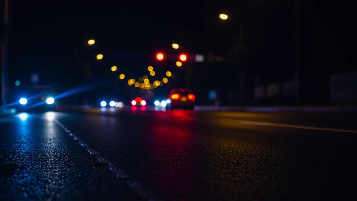 Imatge genèrica de llums d'emergència reflectint-se sobre l'asfalt mullat de nit.