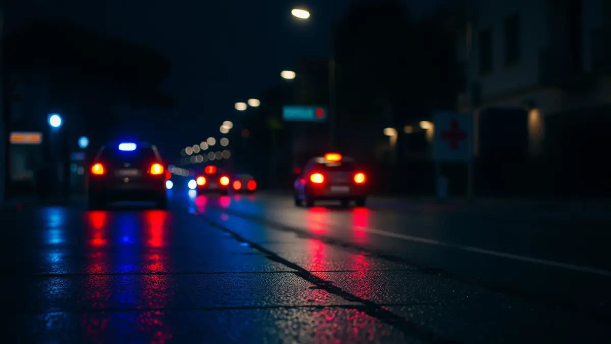 Imatge genèrica de llums d'emergència reflectint-se sobre asfalt mullat en un entorn urbà mediterrani.