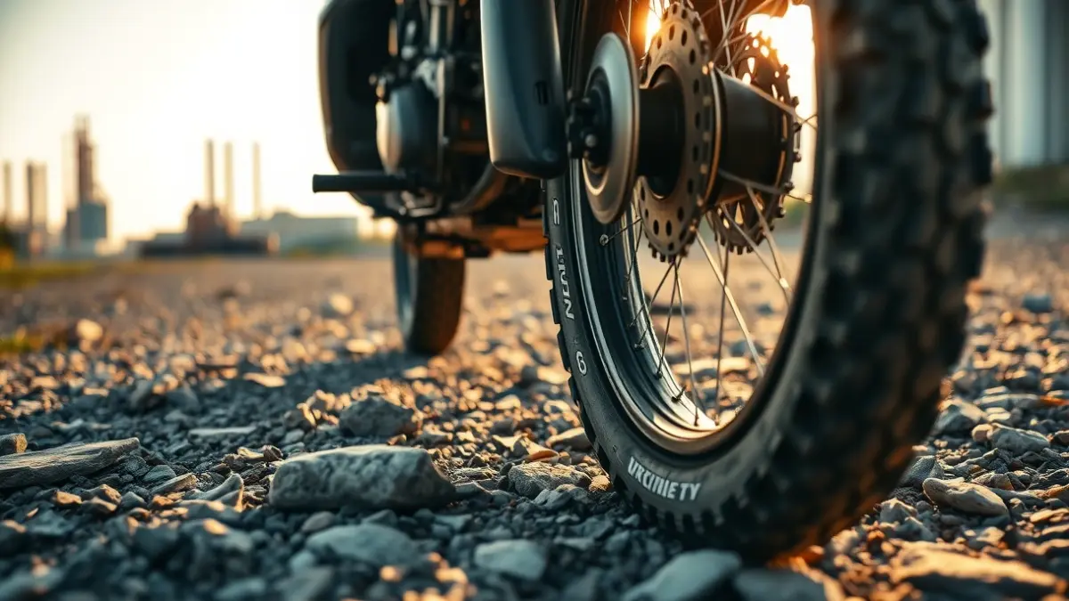 Image of a trial motorcycle tire on rocky terrain, with an industrial complex in the background.