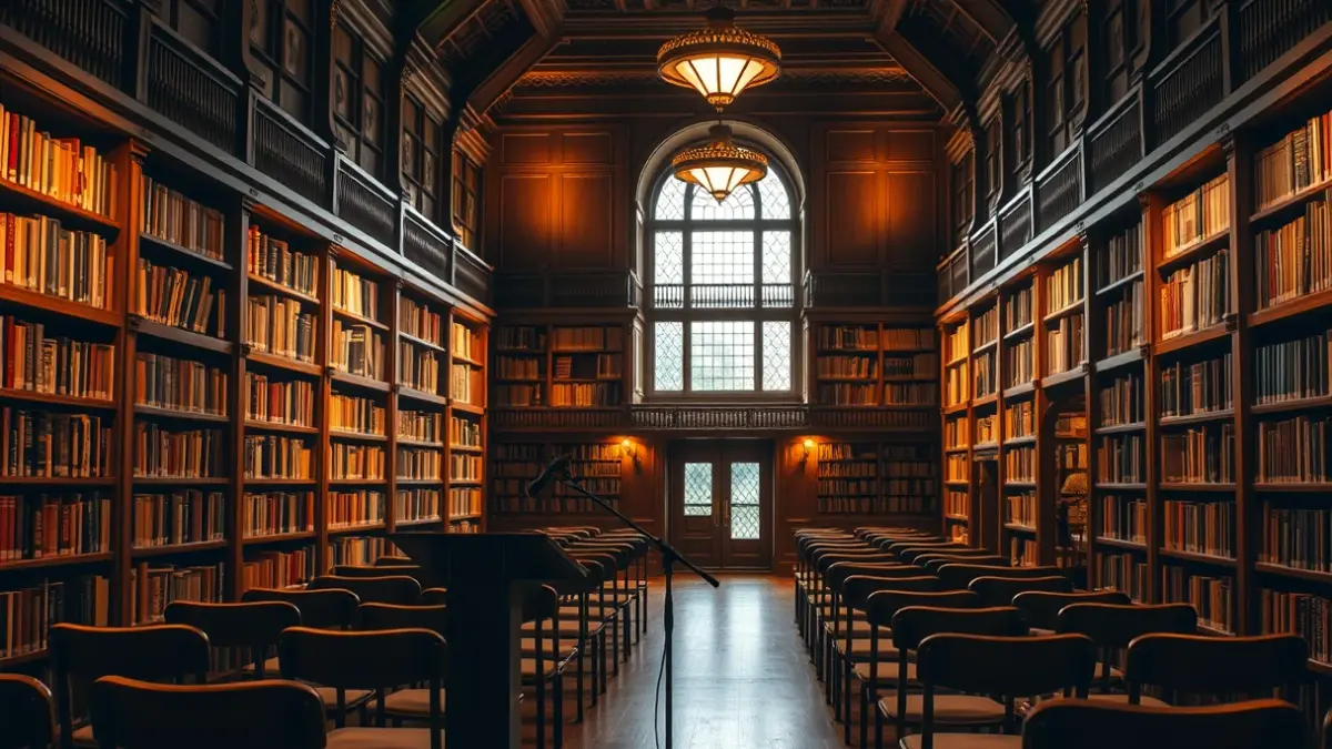 Generic image of a library with wooden bookshelves and a lectern, representing historical research and literature.