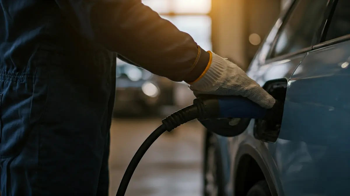 Imagen genérica de un mecánico conectando un ordenador a un vehículo eléctrico.