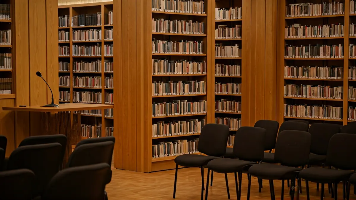 Imatge genèrica d'un interior de biblioteca o sala de presentacions amb un podi i cadires buides.