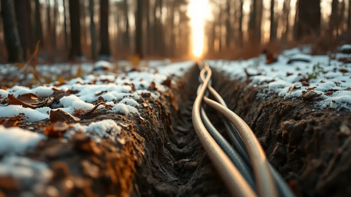 Trabajos de instalación de una nueva línea eléctrica subterránea en un entorno forestal nevado.