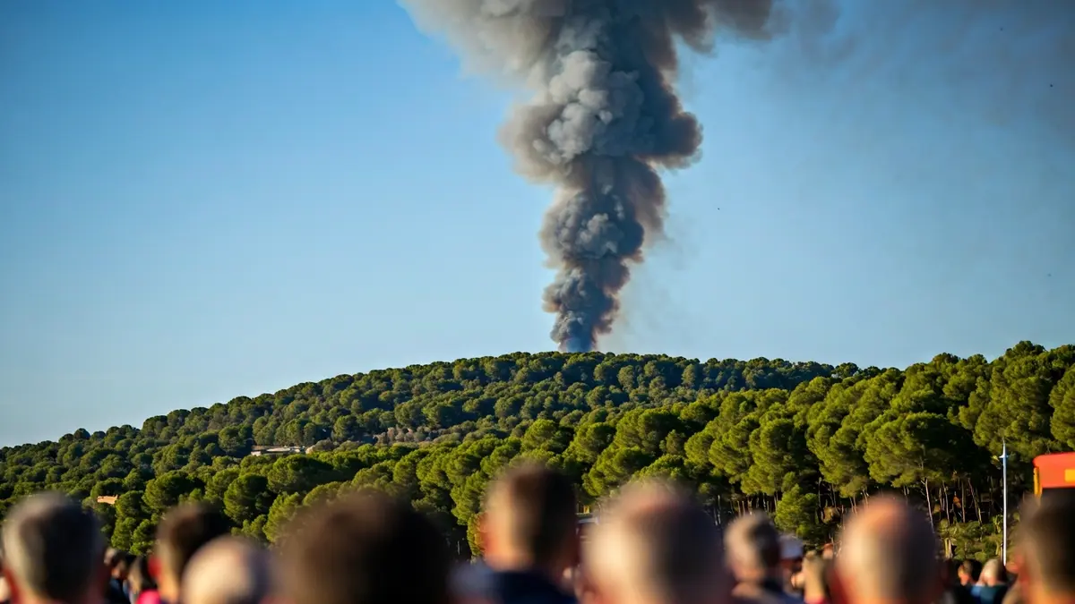 Imatge genèrica d'una columna de fum sobre un bosc mediterrani amb llums d'emergència borroses.