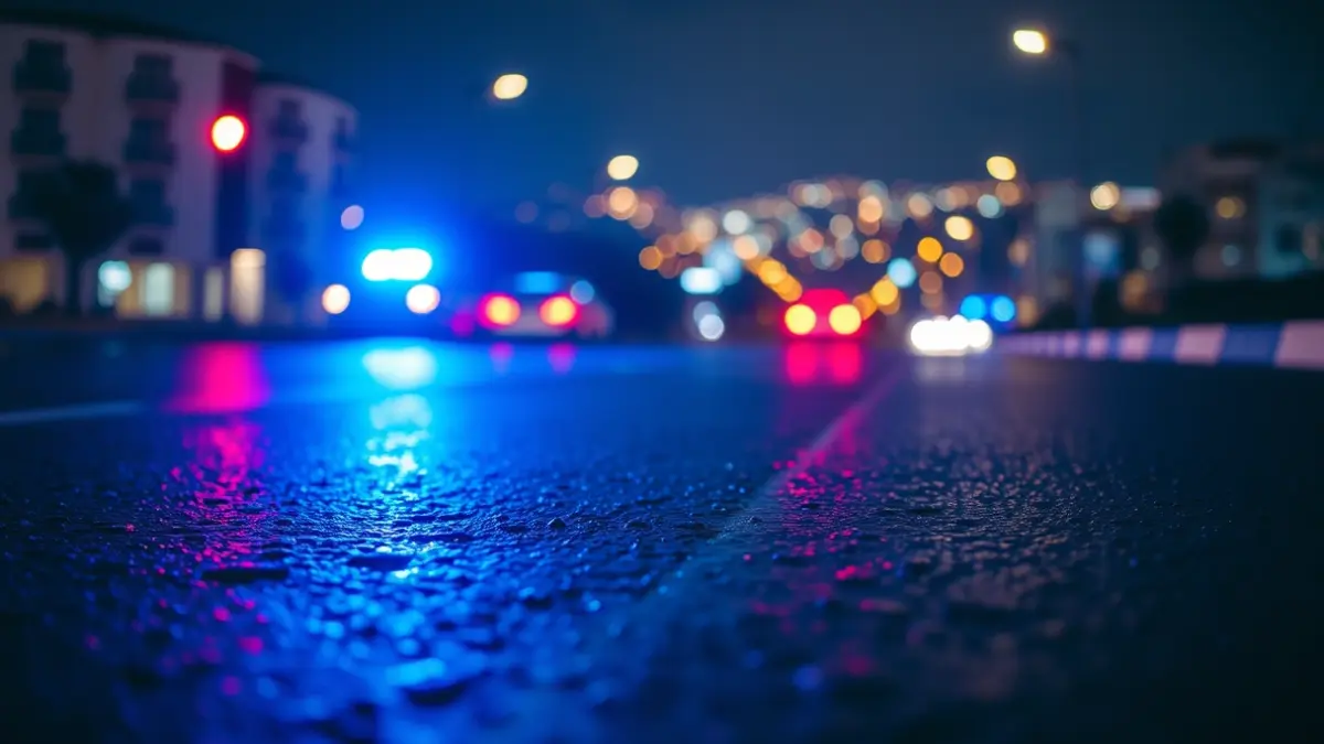 Generic image of emergency lights reflecting on wet asphalt.