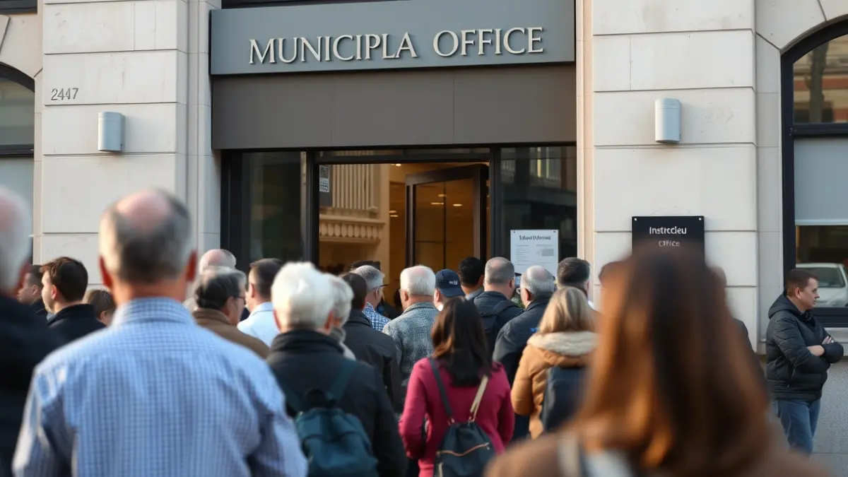 Generic image of a long queue of people waiting in front of a municipal building.