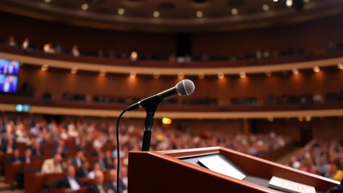 Imagen genérica de un micrófono en un atril, simbolizando un discurso político.