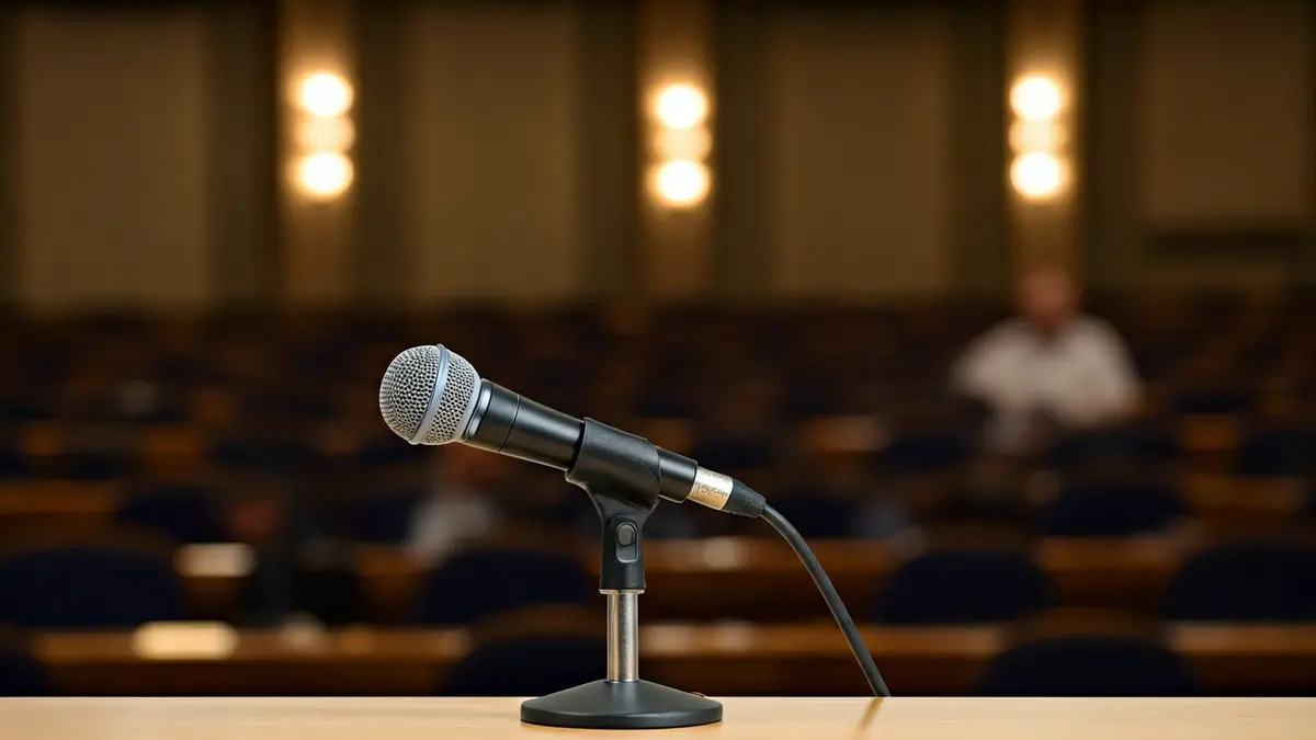 Generic image of a microphone on a podium in an empty meeting room.