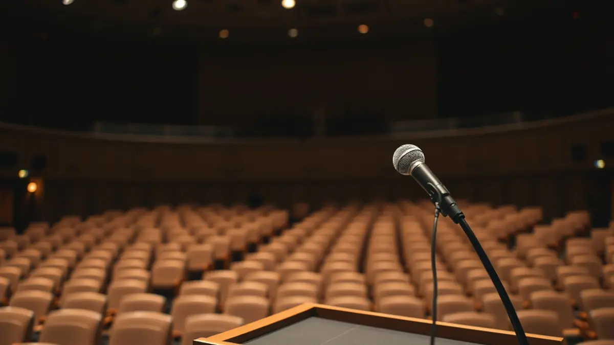 Generic image of a microphone on a podium in a meeting hall.