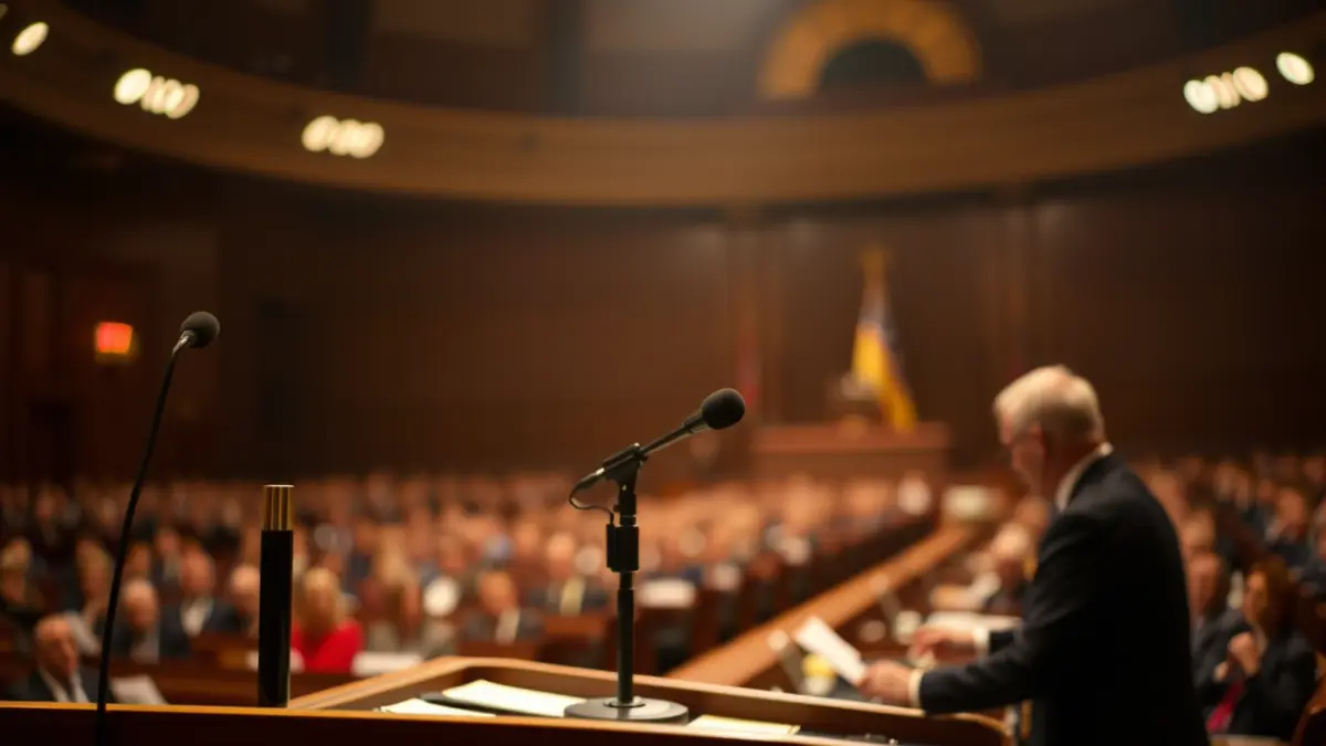 Imagen genérica de un micrófono en un atril, simbolizando un debate político o un congreso.