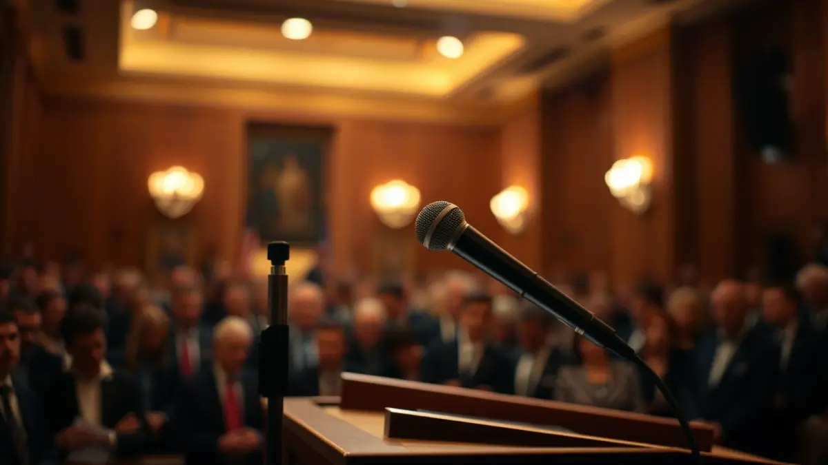 Imatge genèrica d'un micròfon en un faristol durant un acte polític.