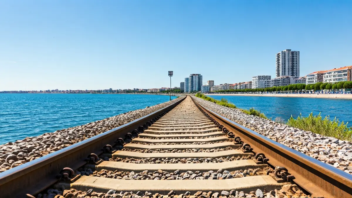 Image of a coastal train track, symbolizing the discussion about relocating the R1 in Maresme.
