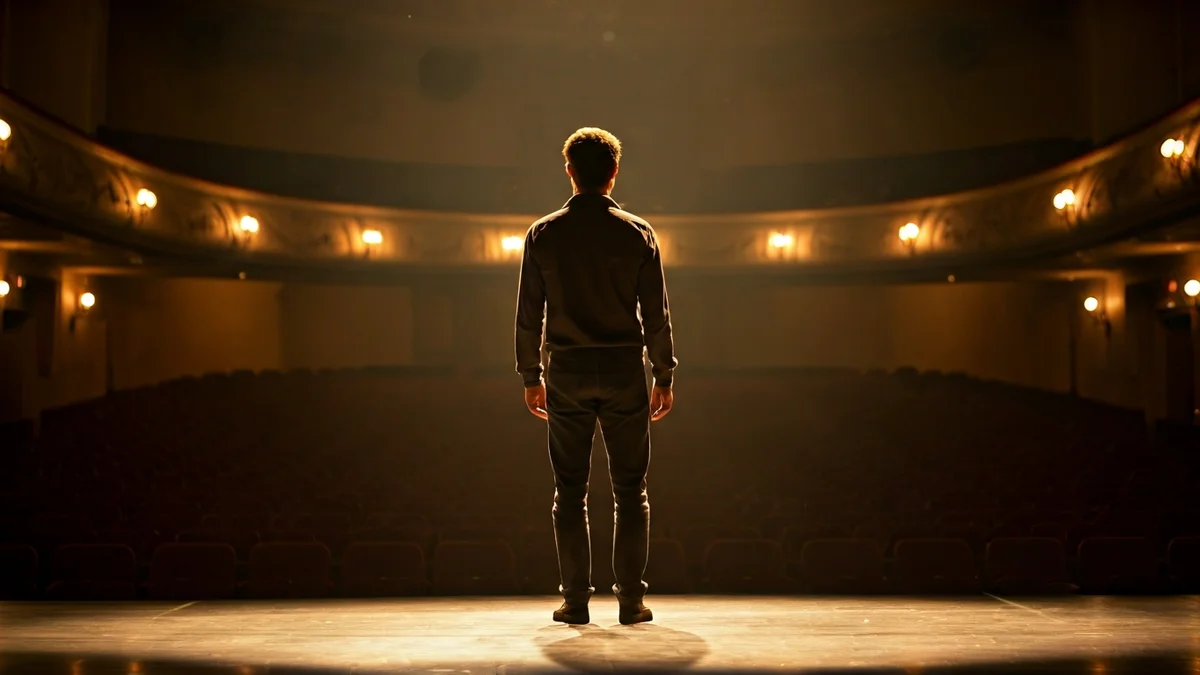 Imatge d'un jove artista en un escenari, amb un focus de llum