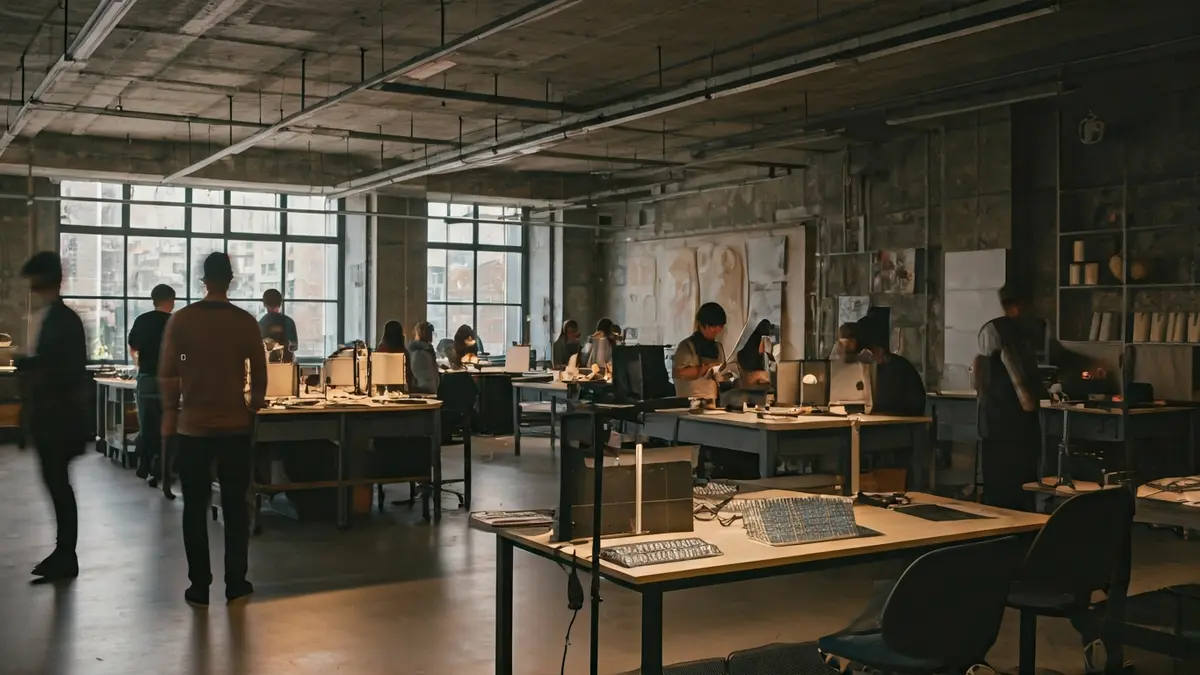 Imatge d'un laboratori de producció artística amb tecnologia avançada.