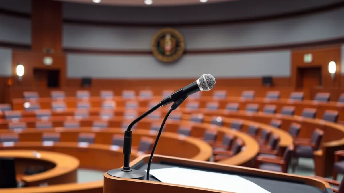 Imatge genèrica d'un micròfon en un faristol en una sala de plens municipal.