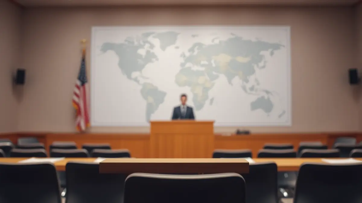 Generic image of a political meeting room with a microphone and empty chairs.