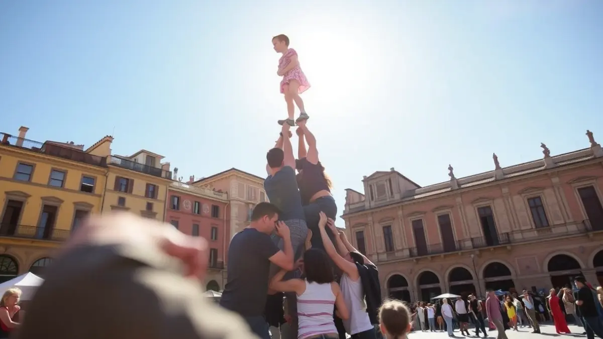 Imatge d'un castell humà en construcció durant una jornada castellera.